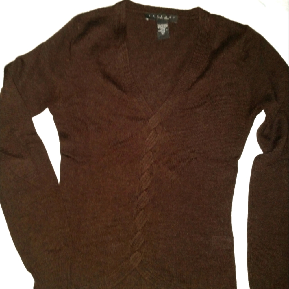 Yummy Chocolate Brown Fine Gauge Wool Sweater with Cable Front Detail
